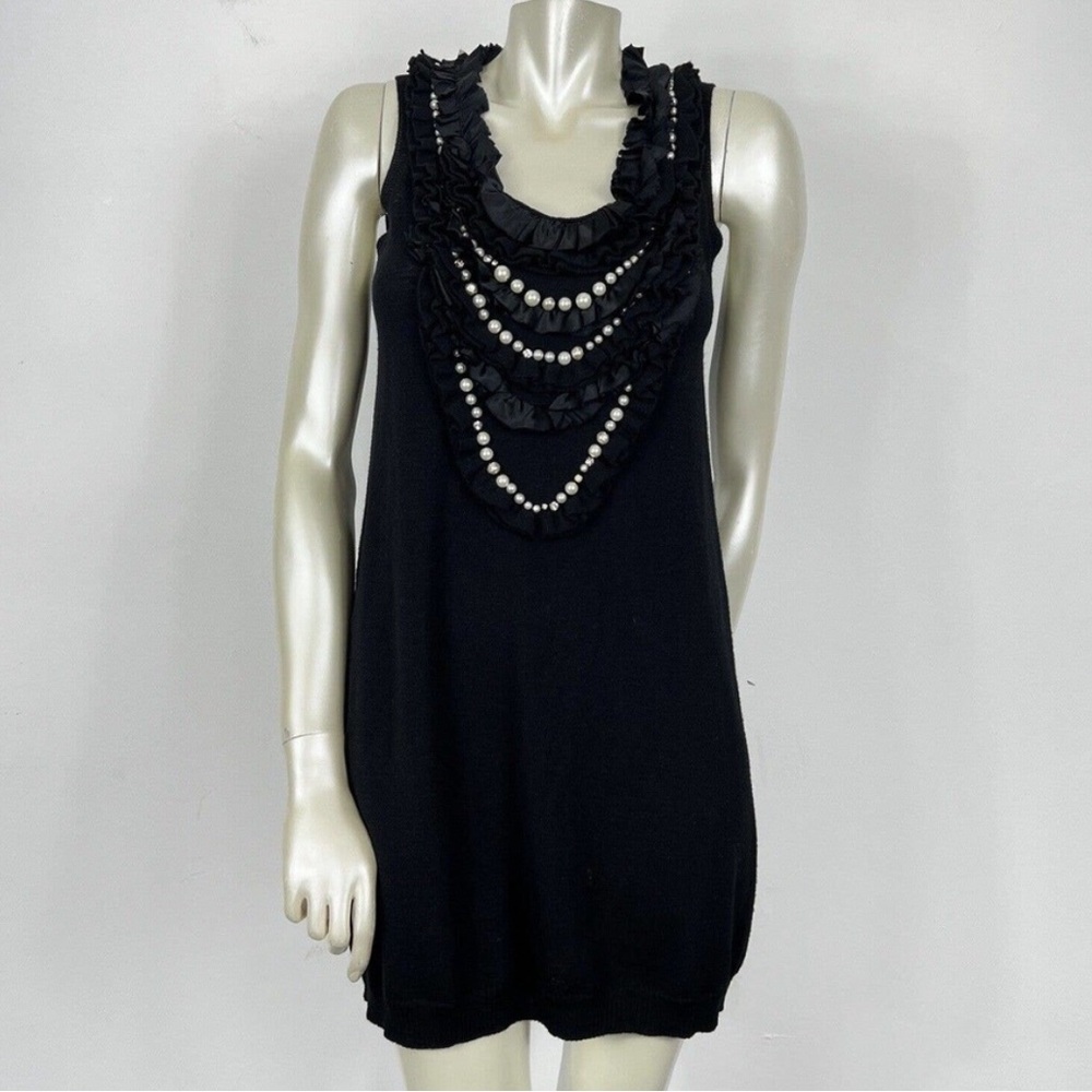 🤍Nanette Lepore Black Wool Pearl Front Sleeveless Sheath Sweater Dress 🖤